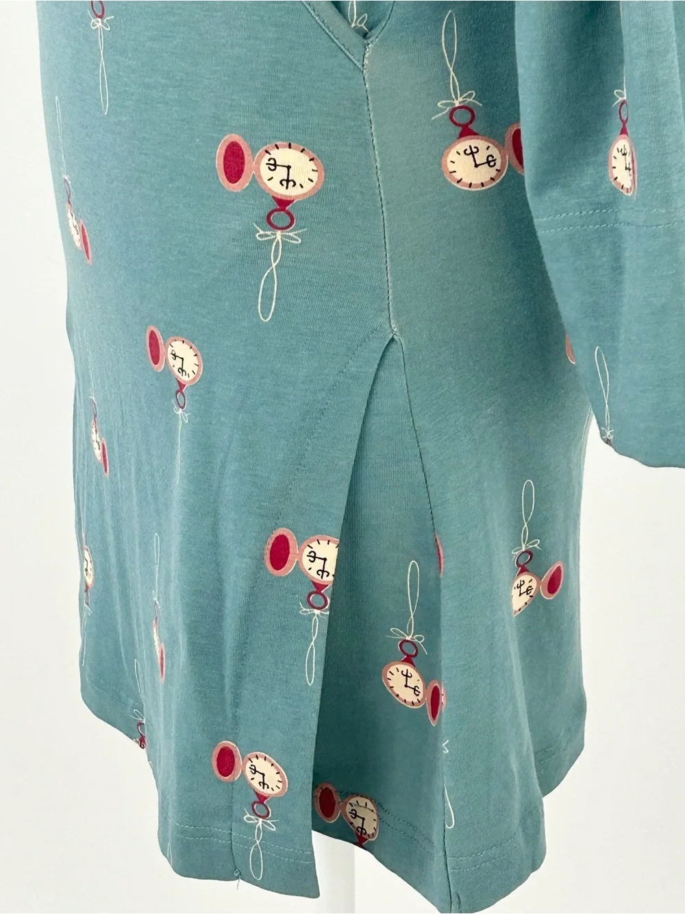 Effie’s Heart Pocket Watch Print Tunic Mini Dress M Teal Retro Cotton Stretch